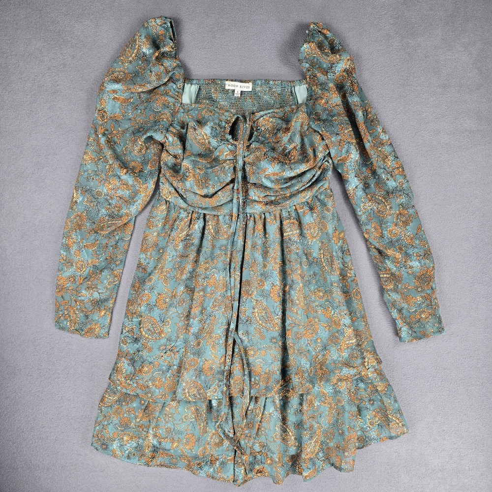 Moon River Dress Womens Small Blue Gold Floral Metallic Puff‎ Sleeve Ruffle Boho